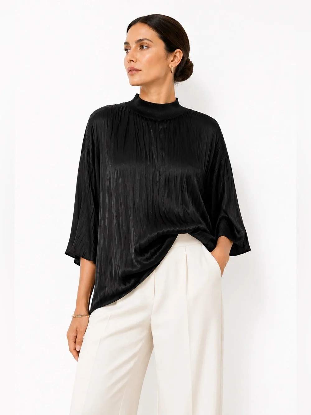 Vince Black Pleated Satin Mock Neck Blouse XXL NWOT
